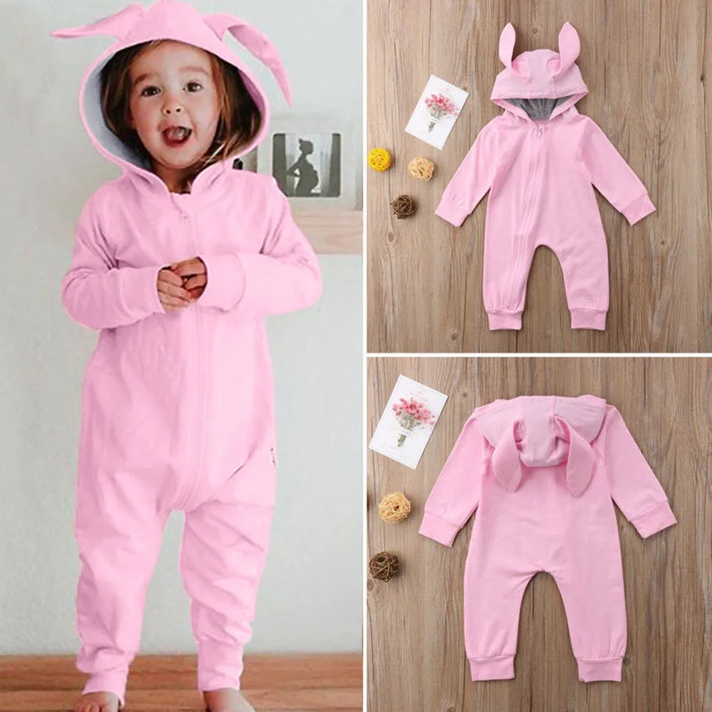 

Autumn winter season Very comfortable Newborn Stylish and design Boys Girls Solid Rabbit Ear Zipper Romper Jumpsuit #35