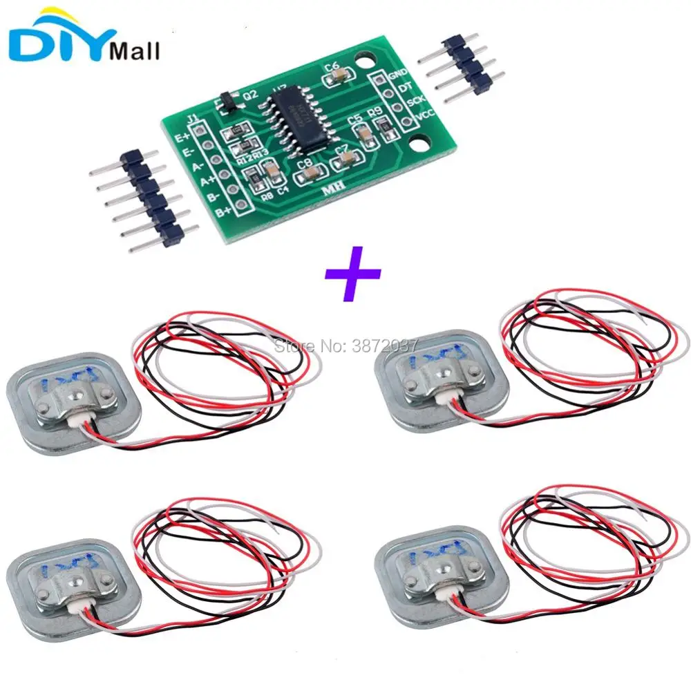 

4pcs 50KG Human Scale Body Load Cell Resistance Half-bridge Strain Weight Sensor + 1pcs HX711 AD Weighing Module