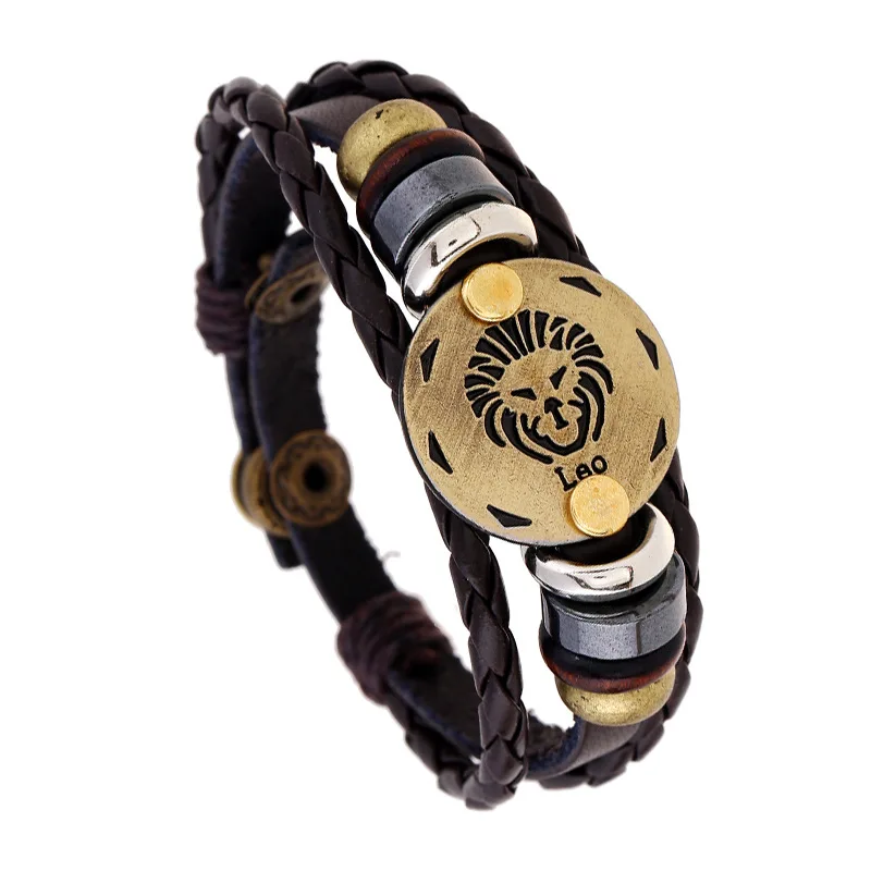 12 браслеты с изображениями созвездий Модные украшения кожаный браслет Для мужчин Повседневное личности Знаки зодиака браслет в стиле "панк"