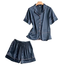 Женские модные пижамы, топы и шорты, шелковые пижамные комплекты с отложным воротником, атласные пижамы, одежда для сна, одежда для сна, повседневный домашний костюм