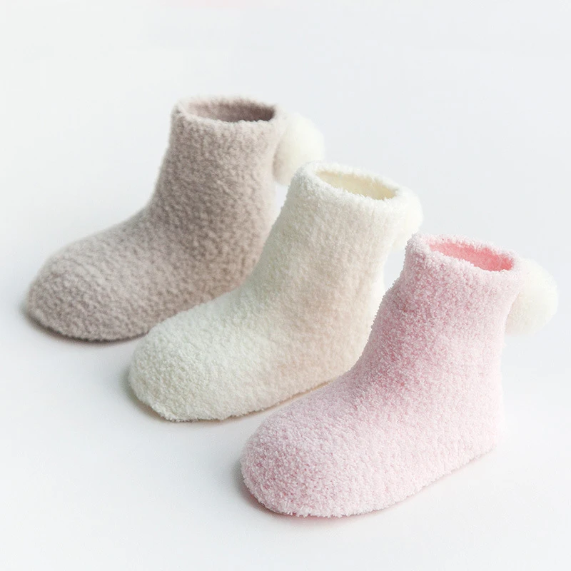 Christmas Dress Up 3Pairs Thick Warm Baby Socks Autumn and Winter Baby Solid Color Coral Velvet Ball Newborn Toddler Floor Socks