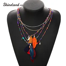 Shineland многоцветное ожерелье с перьями и подвесками, цепочка с бусинами, массивное женское ожерелье, этнические ювелирные изделия, подарки