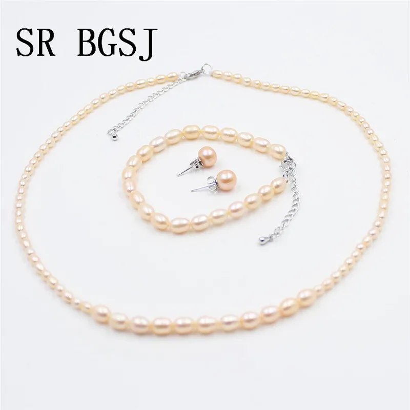 

Free Shipping 5-6mm 2-3mm 2019 Women Natural Rice Freshwater Pearl Knot Necklace Braclet Earrings Pearl Set