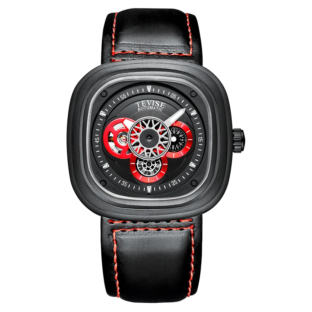 

TEVISE T843A Men Automatic Mechanical Watch 24 Hours Display Fashion Casual Timer Leather Strap Luminous Hands Male Wristwatch