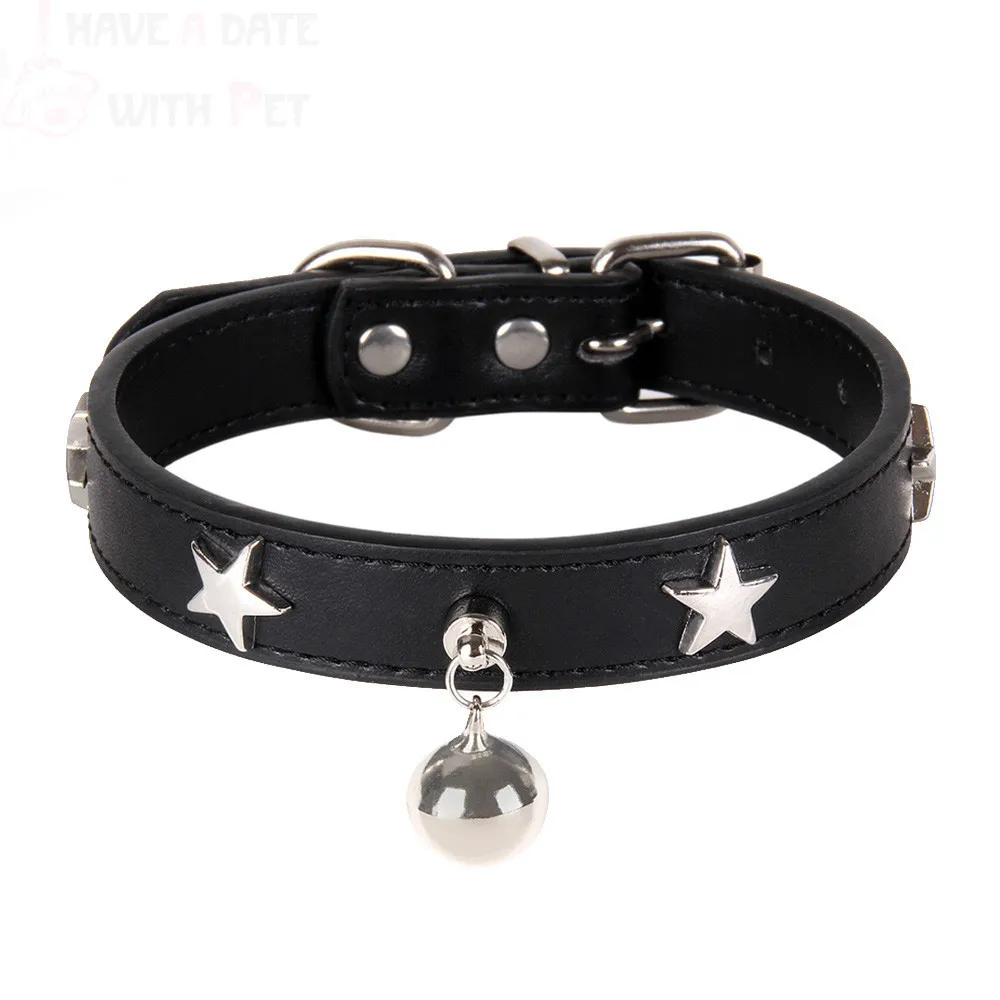 

Customize Dog Collar Pentagram Bell Dog Accessories Leather For Small Medium Large Dog Pink Blue Black Brown Red Chihuahua Strap