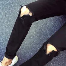 2015 Punk style black Knee hole scratch jeans for men casual slim washing beggar ripped jeans