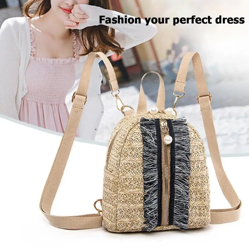 

Small Travel Backpacks Women Straw Woven Shoulder School Bags Casual Knapsack Knitting Pearl Zipper Preppy Style Rucksack