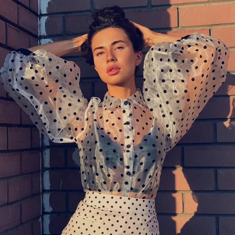 

2019 Street Fashion Polka Dot Turn Down Collar Transparent Mesh Shirt Button Lantern Sleeve White See Through Women Casual Tops