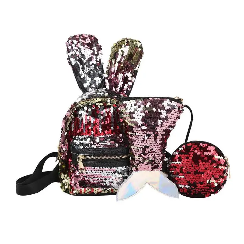 Школьный рюкзак с блестящими пайетками, женский рюкзак с заячьими ушками, рюкзак для девочек с мультипликационным принтом, кошелек на молнии, сумка на плечо с маленьким клатчем