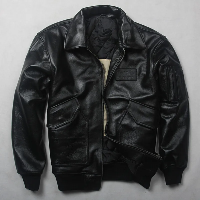 

HARLEY DAMSON Black Men USAF Pilot Leather Jacket Europe Size XXL Winter Thick Real Cowhide Russian Military Leather Coat