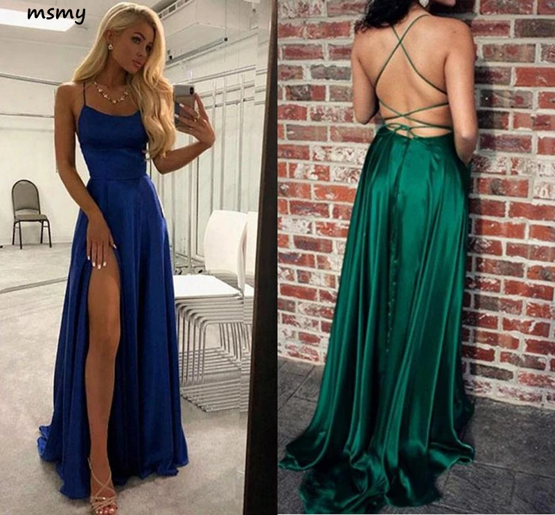 Spaghetti Straps A Line Navy Blue Prom Evening Dress With Split Front12