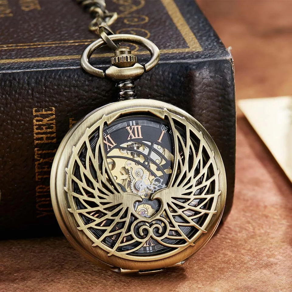 Роскошные Механические карманные часы с цепочкой Крылья Ангела полые ручной подвесной медальон часы Для мужчин Для женщин золотого и