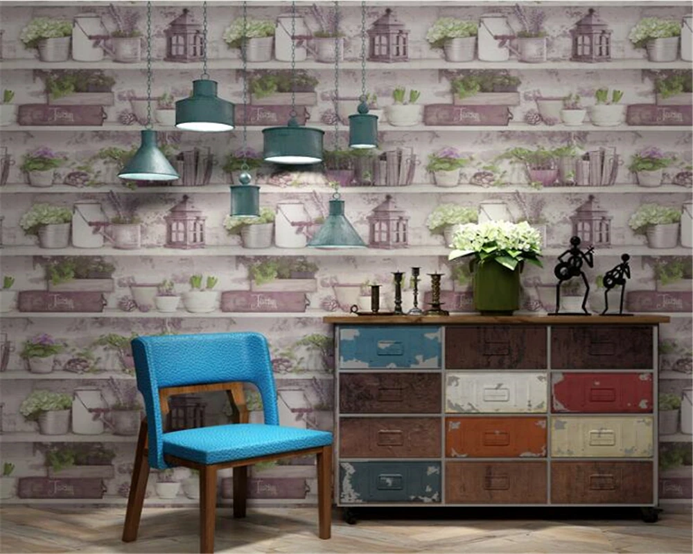 beibehang American retro nostalgic personalized vase flower stand cellar do old books wallpaper restaurant bar cafe 3d | Обустройство