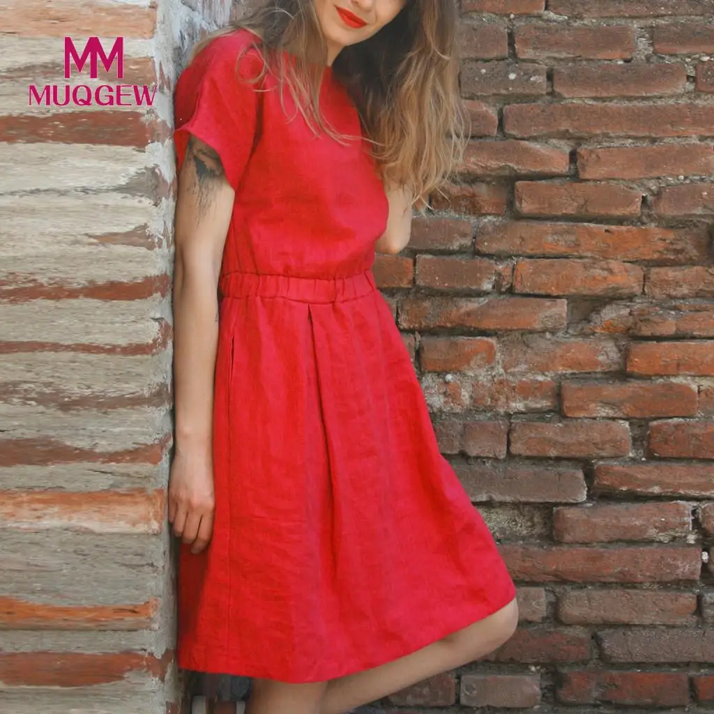 

Fashion Women O-neck sundress female Short Sleeve summer clothes for women Solid Loose Cotton Linen Casual Dress vestido #G8