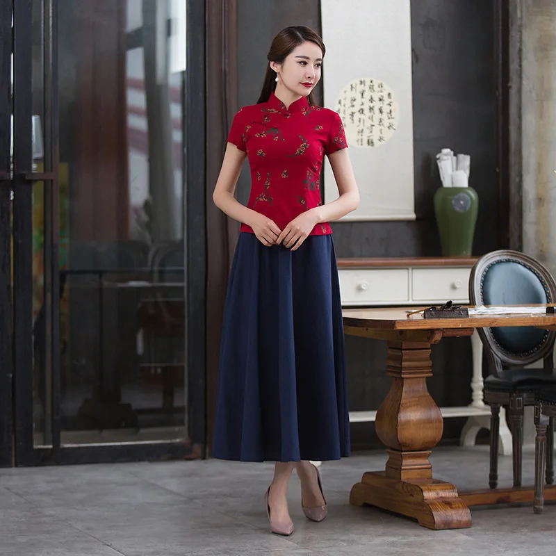 Традиционное китайское платье в стиле ретро, льняное платье чонсам, комплект из двух предметов, женское платье с цветочным принтом, элегантное платье размера плюс, Qipao Swing Skir