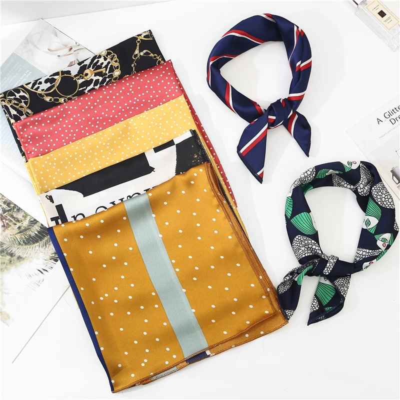 New Square Scarf Hair Tie Band For Business Party Women Elegant Small Vintage Skinny Retro Head Neck Silk Satin Scarf