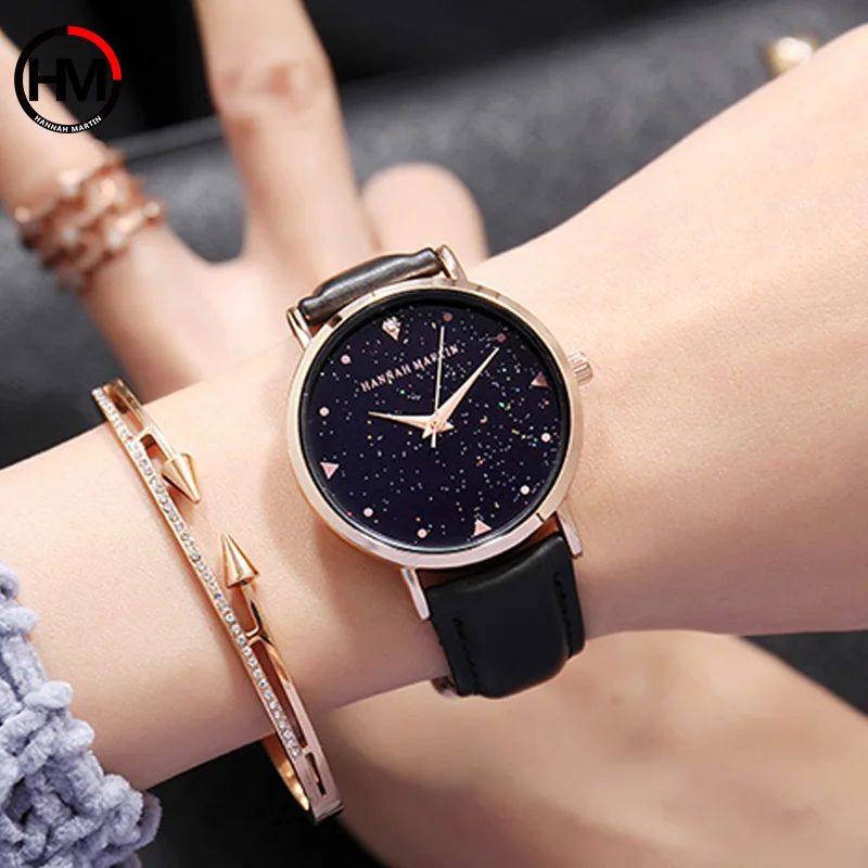 

relogios feminino Women's Watch Stars Dial Ladies Fashion Golden Quartz Watch for Women Dress Clock Female Leather Wrist Watches