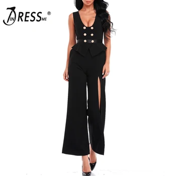 

INDRESSME 2019 New Black Sleeveless Jumpsuit With Double-breasted Button Long Pants Split Trouser Wide Leg Women Jumpsuits