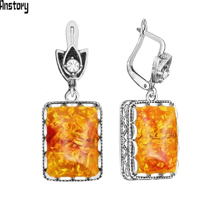 Oblong Synthetic Ambers Earrings For Women Antique Silver Plated Flower Square Pendant Vintage Earring