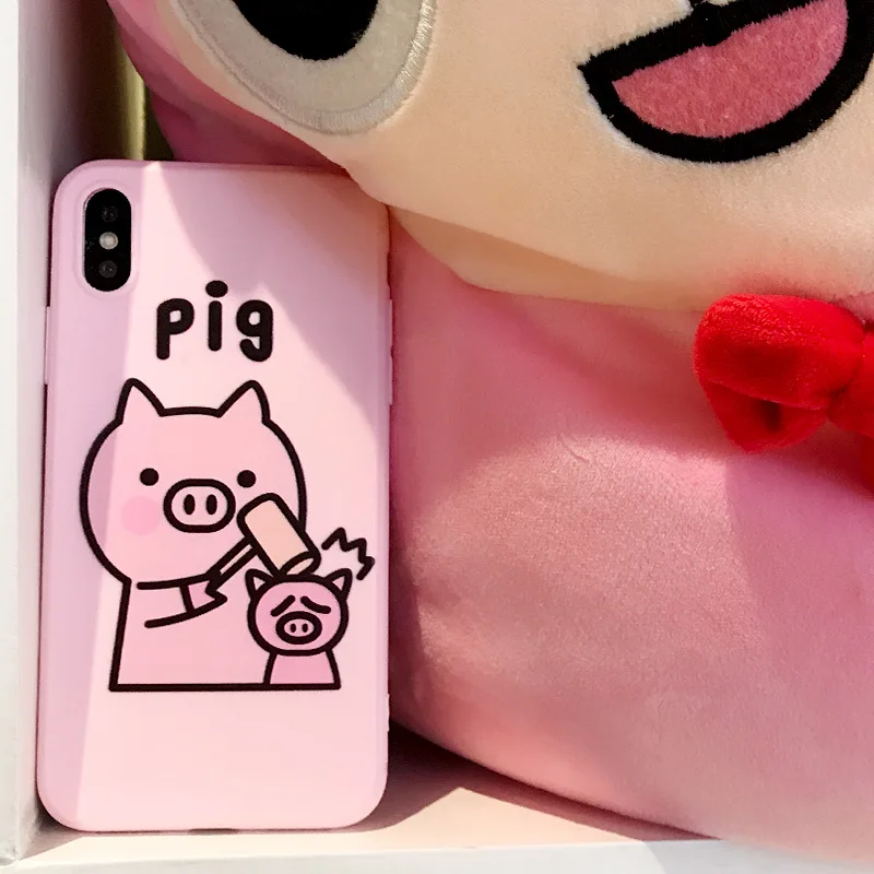 

Pink Simple Solid color cartoon pig phone case For coque iphone 7 puls 8 6 plus Cute case silicon shell for iphone cover X XR XS