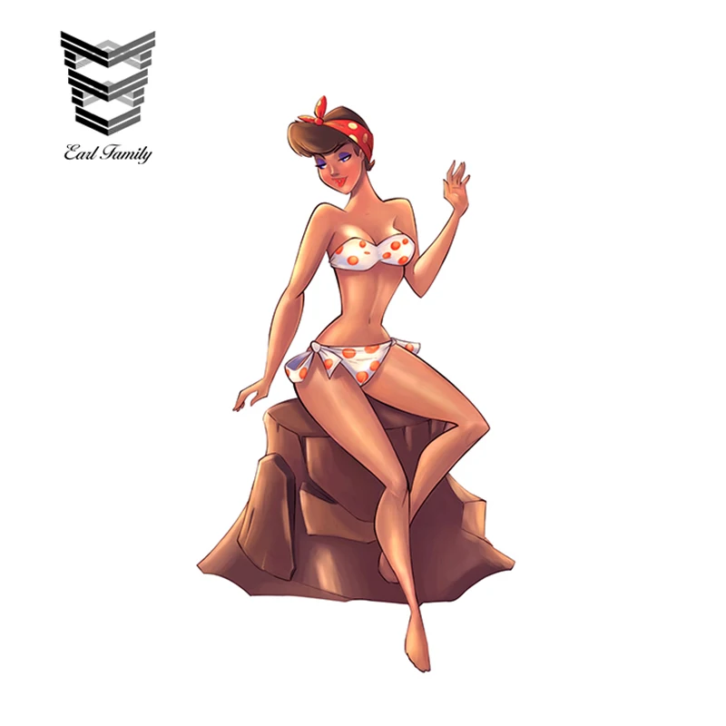 

EARLFAMILY 13cm x 7.1cm Cartoon Bikini Girl Vinyl Car Decal Large Pin Up Beach Car Stickers Window Tailgate Car Accessories