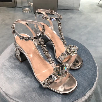 

Summer Crystal Women Sandals 2019 Hot Silver Buckle Strap Ladies Shoes T Strap Shoes Woman Zapatos De Mujer