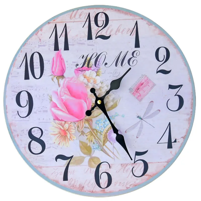 

Wooden Vintage Home Wall Clock Romantic Pink Rose Printed Art Clock Home Decoration Clock Frameless Clock