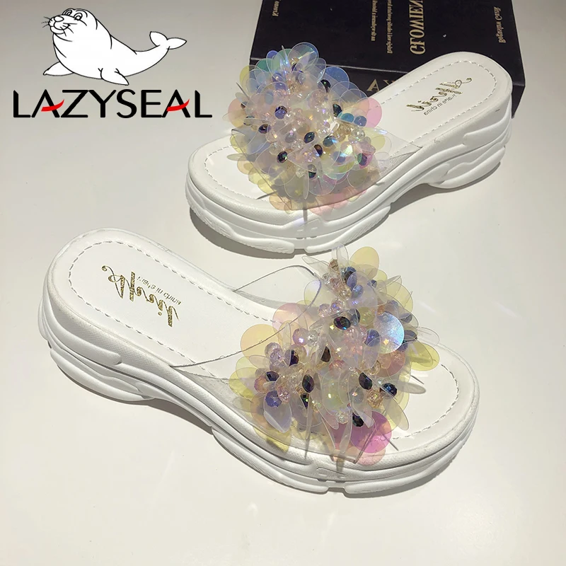 LazySeal Transparent Bling Platform Slippers Women New Summer Shoes With Crystal Diamonds Wedge Ladies Flip Flops Woman Slides