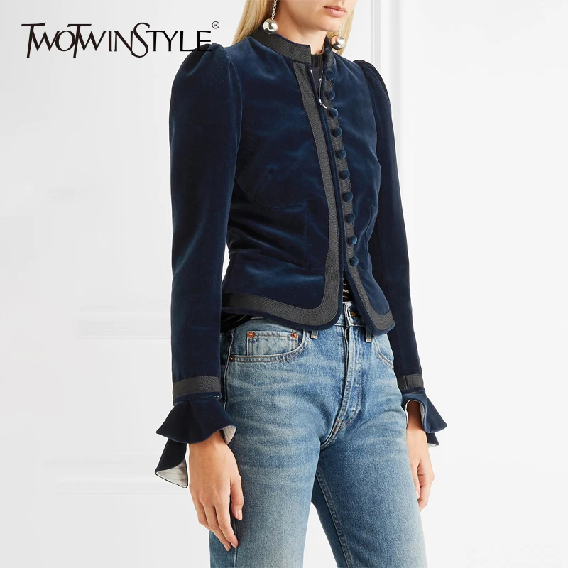 TWOTWINSTYLE Ruffles Jackets For Women Stand Collar Puff Sleeve Zipper