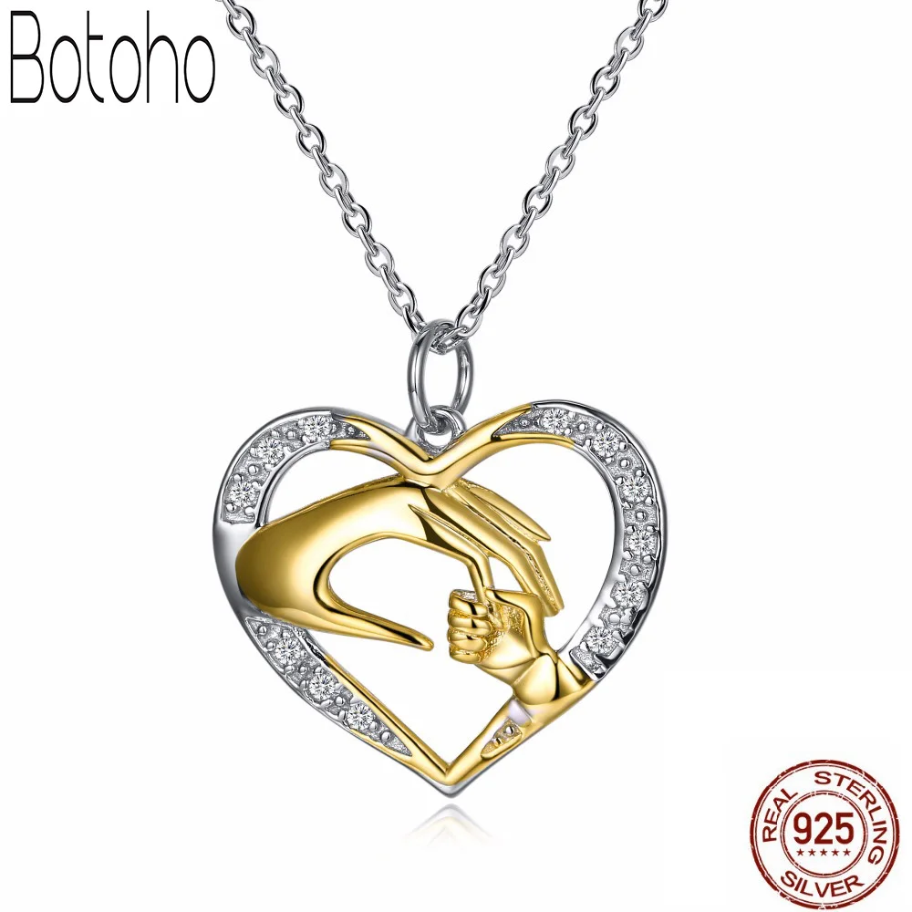 

925 Sterling Silver Mother Love Baby Child Rhinestone Big Hand Hold Little Hand Heart Necklace Mom Birthday Gift Fashion Jewelry