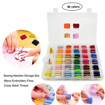 

Embroidery Floss Cross Stitch Thread Kit 96pcs with Threader Bobbins Sewing Needles Storage Box Embroidery Starter Kit