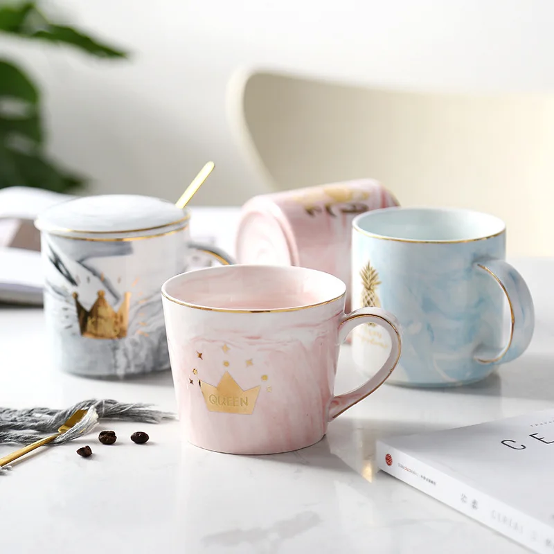 

Gold Plated Marble Ceramic Mugs Handle Mug Coffee Tea Milk Cup Diamond Flamingo Pineapple Household Cups Creative Couple Gift