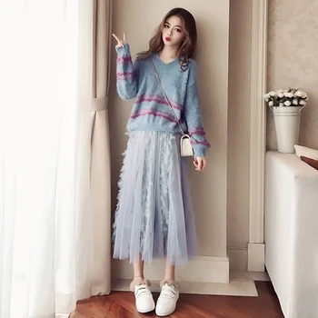 

2019 New Autumn Dress Blue Sweater 2 Pcs Best Quality Women Winter Dress Set V Neck Hot Sale Elegant Girl Style Soft Dress