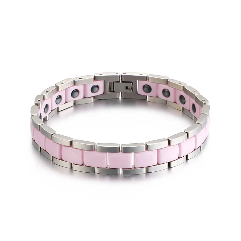 Женский Здоровье Мода Розовый керамика магнитной терапии для мужчин дамы шарм браслеты для байкеров и браслет ювелирные изделия из Германия для женщин 12 мм