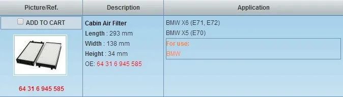 Салонный фильтр подходит для BMW 5x5x6 E70 E71 OEM: 64316945585# rt184c