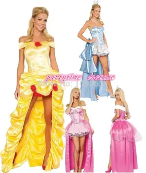 

free shipping ladies long style Princess Belle Beauty And The Beast Fancy Dress Costume yellow pink blue