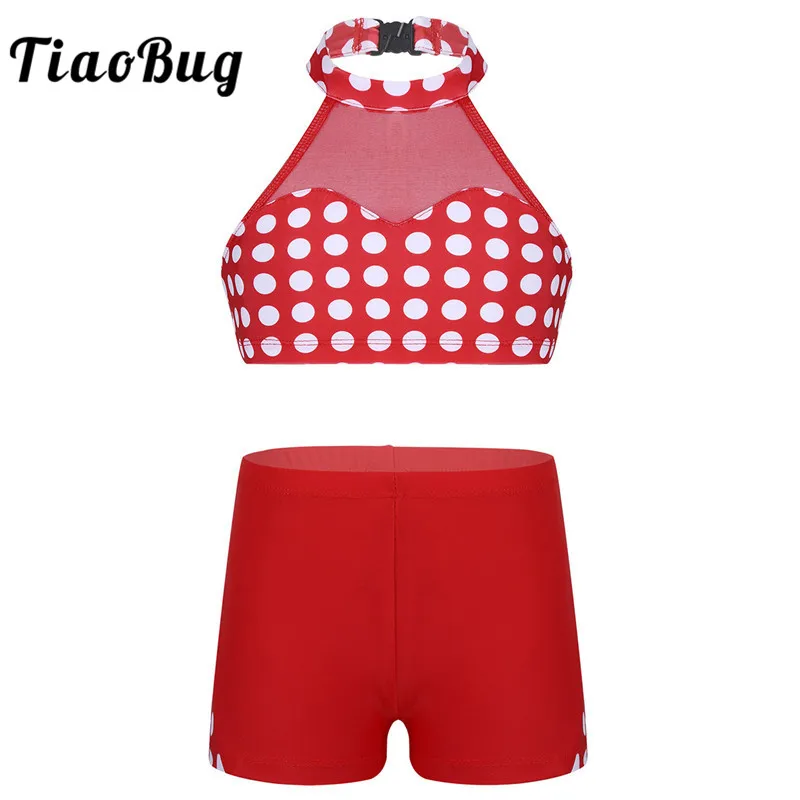 

TiaoBug Kids Teens Mesh Splice Polka Dots Halter Ballet Gymnastics Shorts with Crop Top Sports Set Children Girls Dance Costumes