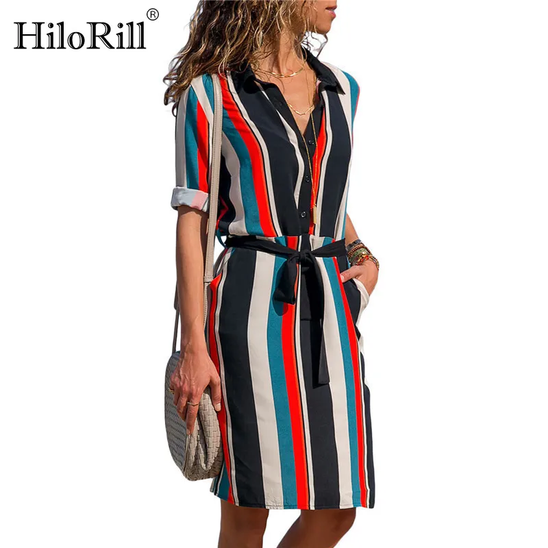 

Women Striped Shirt Dress Summer A-line Chiffon Beach Dress Casual Loose Long Sleeve Office Mini Party Dresses Vestidos Mujer