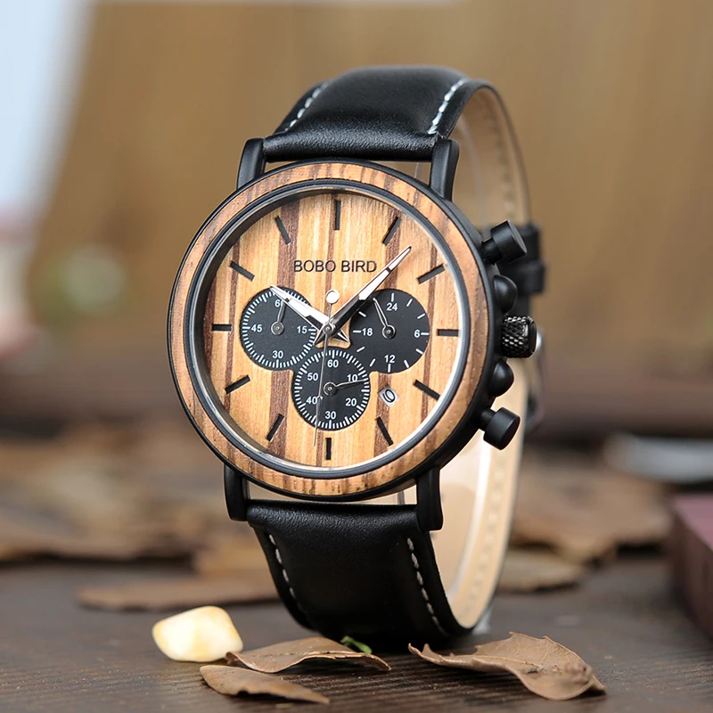 Мужские часы P092 BOBO BIRD с кожаным браслетом, роскошные стильные часы из дерева и нержавеющей стали, секундомер, военные кварцевые часы для мужчин