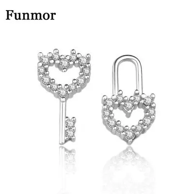 

Funmor Asymmetry Key Lock Heart 925 Sterling Silver Earrings Cubic Zircon Fine Jewelry For Women Girls Accessories Appointment