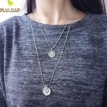 

Flyleaf Round Coin Real 925 Sterling Silver Long Necklace For Women Vintage Round Beads Chain Fine Jewelry Necklaces & Pendants