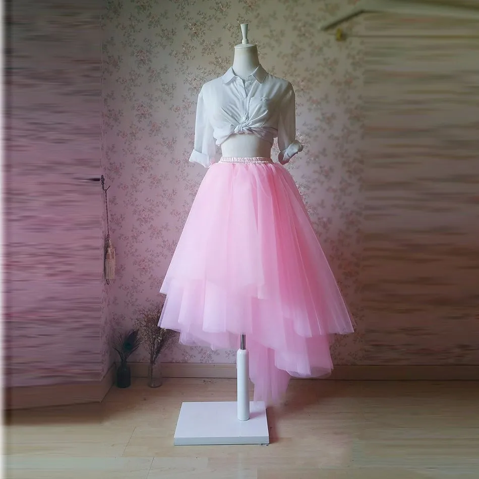 Сказочный розовый высокая низкая Тюлевая юбка настоящая фотография Мода Асимметричный Для женщин юбки индивидуальные эластичный пояс до
