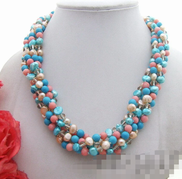 

1019 5Strds Pearl&Turquoise&Coral&Crystal Necklace