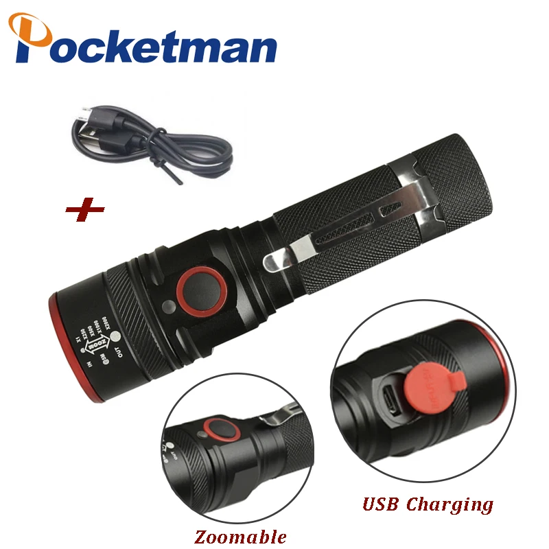 Goede USB Oplaadbare Zaklamp XML T6 Led Zaklamp Zoomable 3 modes torch voor 18650 met USB kabel Camping
