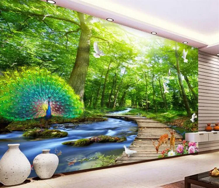 

Custom Mural Wallpaper 3D Forest Peacock Wood Bridge Nature Scenery Photo Wall Murals Living Room TV Sofa Backdrop Wall Painting