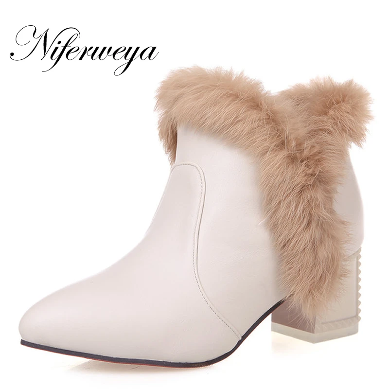 

Fashion winter warm women shoes plus size 32-43 solid PU Pointed Toe thick heel high heels black Slip-On Ankle boots A-160