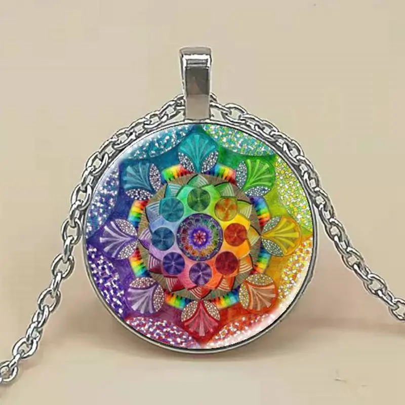 

Fashion Handmade Henna Yoga Necklace Om Symbol Buddhism Mandala Pendant Art Pattern Glass Necklaces Jewelry For Women