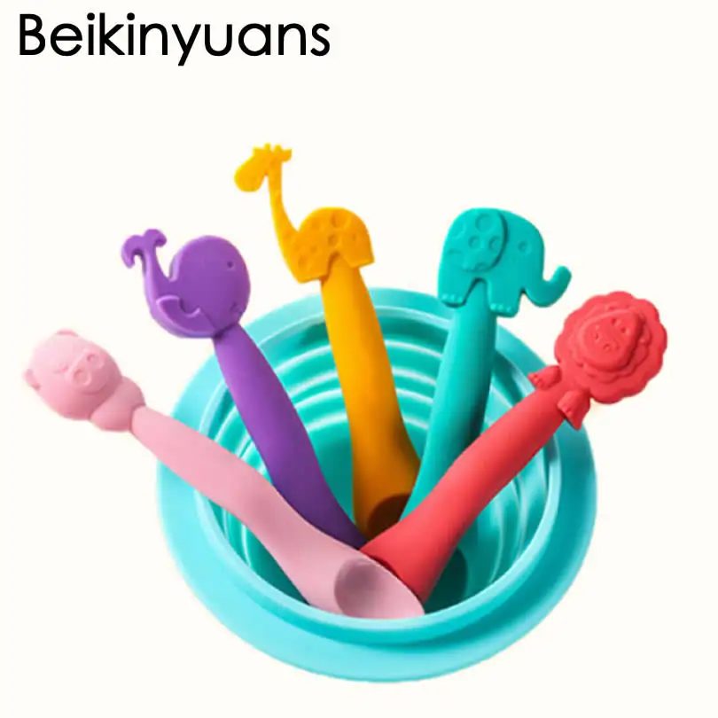 

Baby Pratos Colher infantil Spoon Neonatal Eating Newborn Feeding Supplement Silicone Baby Spoon Animal Shaped Feeder Syringe