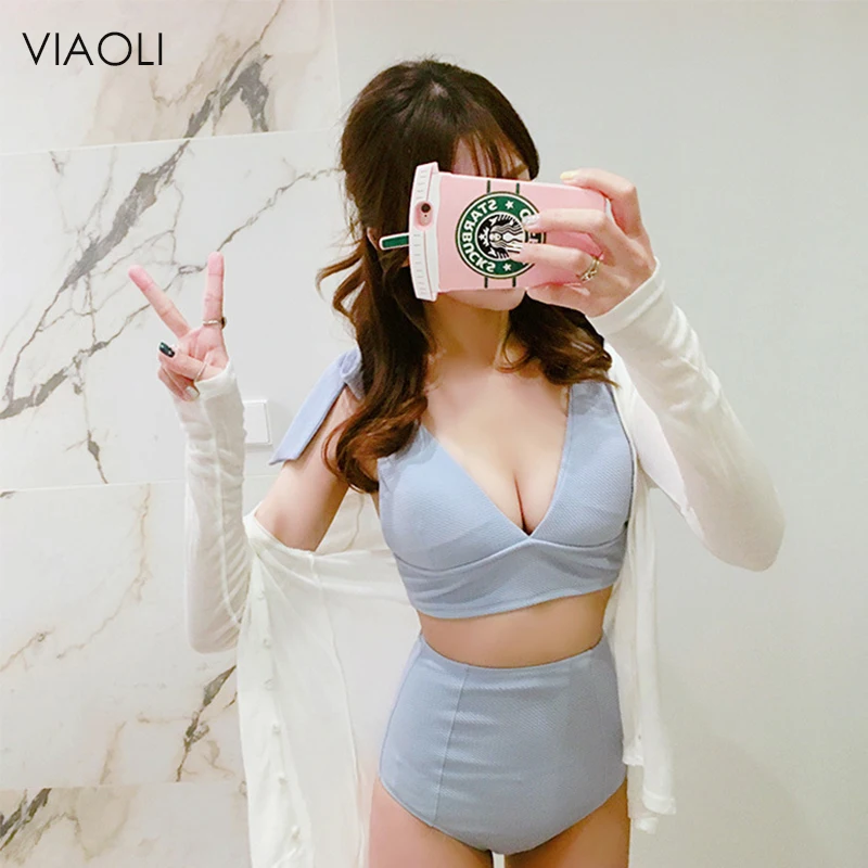 Blue Gray High Waist Bikini 2018 New Korean Version Push Up Slim Swimwear Women's Swimming Suit Swimsuit Bathing Suit Girl Beach
