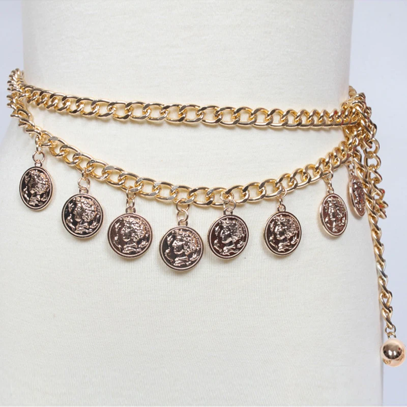 

Fashion ladies Small gold coin tassel Metal waist chain Belts for Dresses fringed Alloy Women thin belt Female Long Chains 102